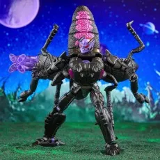 Transformers Antagony robot in purple and black, holding a multi-barreled blaster on a space backdrop.