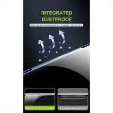 Graphic advertising Integrated Dustproof screen protection showing dust being repelled from the phone surface.