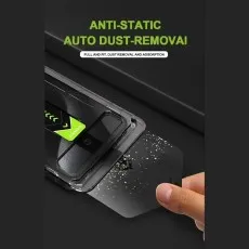 Hand removing a dust-collecting film from a screen protector's auto dust-removal installation tray.