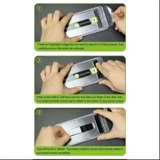 Three-step instruction guide for applying a screen protector using an EasyApp alignment tray.