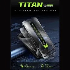 Titan Dust-Removal EasyApp screen protector package emphasizing auto dust removal and anti-static features.