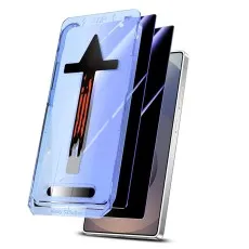 Magic Box privacy screen protector installation on Sumsung mobile kit showing layered alignment frame and tempered glass.