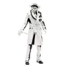 Full view of the monochrome DC Multiverse Joker The Comedian figure holding a white crowbar.