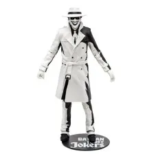 Monochrome Joker The Comedian figure on a black Batman Three Jokers display base.