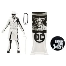Monochrome Joker The Comedian figure with trench coat, camera, crowbar, base, and Three Jokers disc.