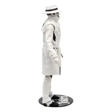 Side view of the black and white Joker The Comedian action figure in a trench coat and fedora.