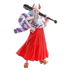 Yamato figure from One Piece in a red kimono and white top, holding a club and wearing horns.