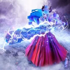 Yamato figure in a dynamic pose, generating blue and purple lightning energy from her spiked club.