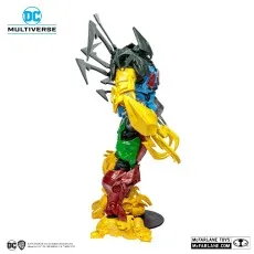 Side profile of a colorful, mismatched robot action figure with large claws, sharp weapons, and a stand