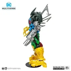 Side profile of the colorful DC Multiverse build-a-figure with a silver forearm weapon and jagged spikes on its back..