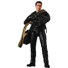 Full-body action figure of The Terminator in leather, holding a minigun with a long, golden ammo belt