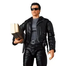 An action figure of The Terminator in a leather jacket and sunglasses, holding a gold rectangular box.