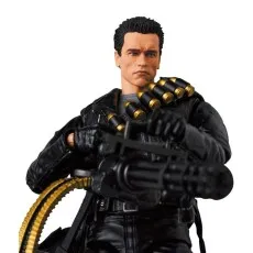 An action figure of The Terminator in a leather jacket holding a large Gatling gun and massive ammo belt.