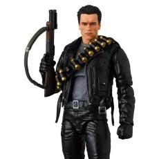 An action figure of the Terminator, wearing a black leather jacket and pants, holding a shotgun and a bandolier of shells