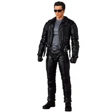 Full-body action figure of The Terminator in a black leather outfit, grey shirt, and sunglasses.