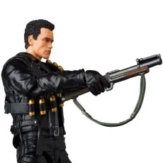 Side profile of a Terminator action figure, dressed in black leather, aiming a shotgun.