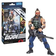 G.I. Joe Classified Series Cobra Dreadnok Ripper action figure with a black weapon, next to its box.