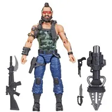 G.I. Joe Dreadnok Ripper figure standing next to his array of weapons and accessories on a white background.