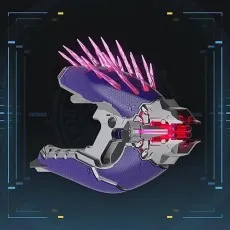 Digital render of the purple and gray Nerf LMTD Halo Needler blasters with glowing pink darts.