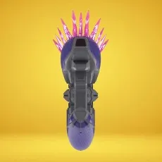 The purple and gray Nerf Needler blasters from a straight-on, vertical angle.