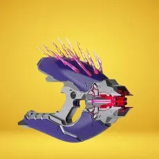 The purple Covenant Needler replica toy with glowing pink spikes and red firing lights.