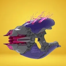 The purple Covenant Needler replica toy from an angle, on a yellow background.