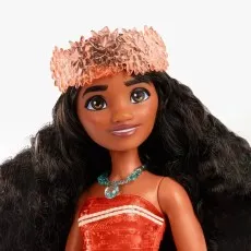 Close-up of the Disney Princess Moana doll face with a translucent flower crown.