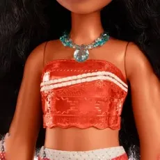 Close-up of the Moana doll's red strapless top and the turquoise seashell necklace.