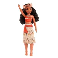 Disney Princess Moana doll with arm raised, wearing a flower crown and traditional outfit.