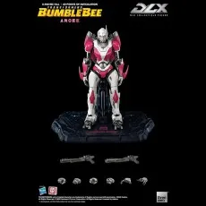 ThreeZero DLX Arcee collectible figure, 8 inches tall, posed on a display base with accessories.