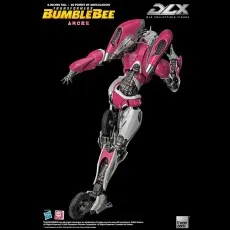 ThreeZero DLX Arcee figure in a dramatic extended pose, highlighting articulation.