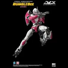 ThreeZero DLX Arcee figure in a dramatic firing pose with a rifle on a black background.