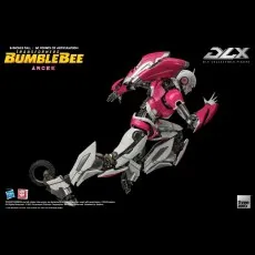ThreeZero DLX Arcee figure in a dramatic running or floating pose on a black background.