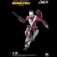 ThreeZero DLX Arcee figure in a dynamic action pose, holding a blaster.