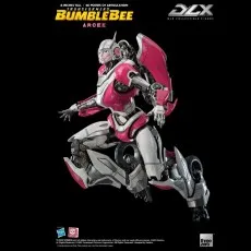 ThreeZero DLX Arcee figure in a dynamic leaping pose with pink armor and white plating.