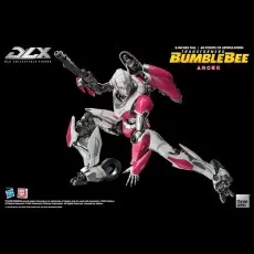 ThreeZero DLX Arcee figure in a low combat pose, firing a blaster on a black background.