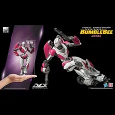 ThreeZero DLX Arcee figure in size comparison next to the dynamic action pose with blasters..