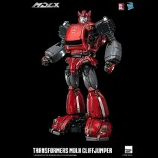 ThreeZero MDLX Transformers Cliffjumper figure, highly detailed red and gray robot on black background.