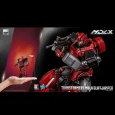 MDLX Cliffjumper figure shown in a dynamic pose, with an inset image demonstrating its small size.