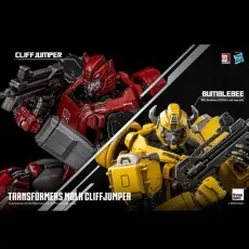 Split image of MDLX Cliffjumper (red) and Bumblebee (yellow) robot action figures, both armed.