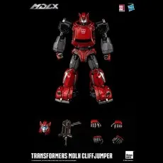 ThreeZero MDLX Transformers Cliffjumper figure, red and black, standing with accessories shown below.