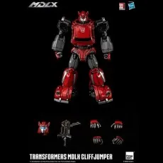 Transformers MDLX Cliffjumper action figure standing with all its accessories laid out below it.