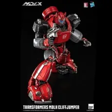 Transformers MDLX Cliffjumper action figure, red and gray, holding a silver blaster rifle.