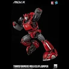 Transformers MDLX Cliffjumper action figure, red and gray, in a dynamic pose on a black background.