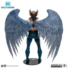 Back view of the DC Multiverse Hawkman figure with massive gray feathered wings fully spread.