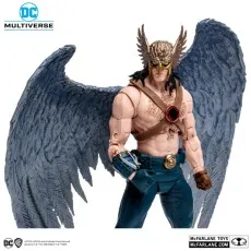 Close-up of the DC Multiverse Hawkman action figure with large gray wings and golden helmet.