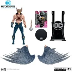 DC Multiverse Hawkman action figure, its separate wings, mace, base, card, and flight stand.