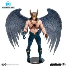 Full view of the DC Multiverse Hawkman action figure with large gray wings, standing on a black base.