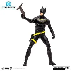 DC Multiverse Jim Gordon as Batman figure in black and yellow, holding a grappling gun upward.