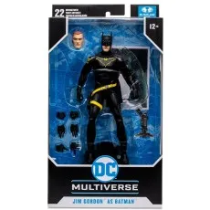 Front of the packaged DC Multiverse Jim Gordon as Batman action figure, showing all parts.